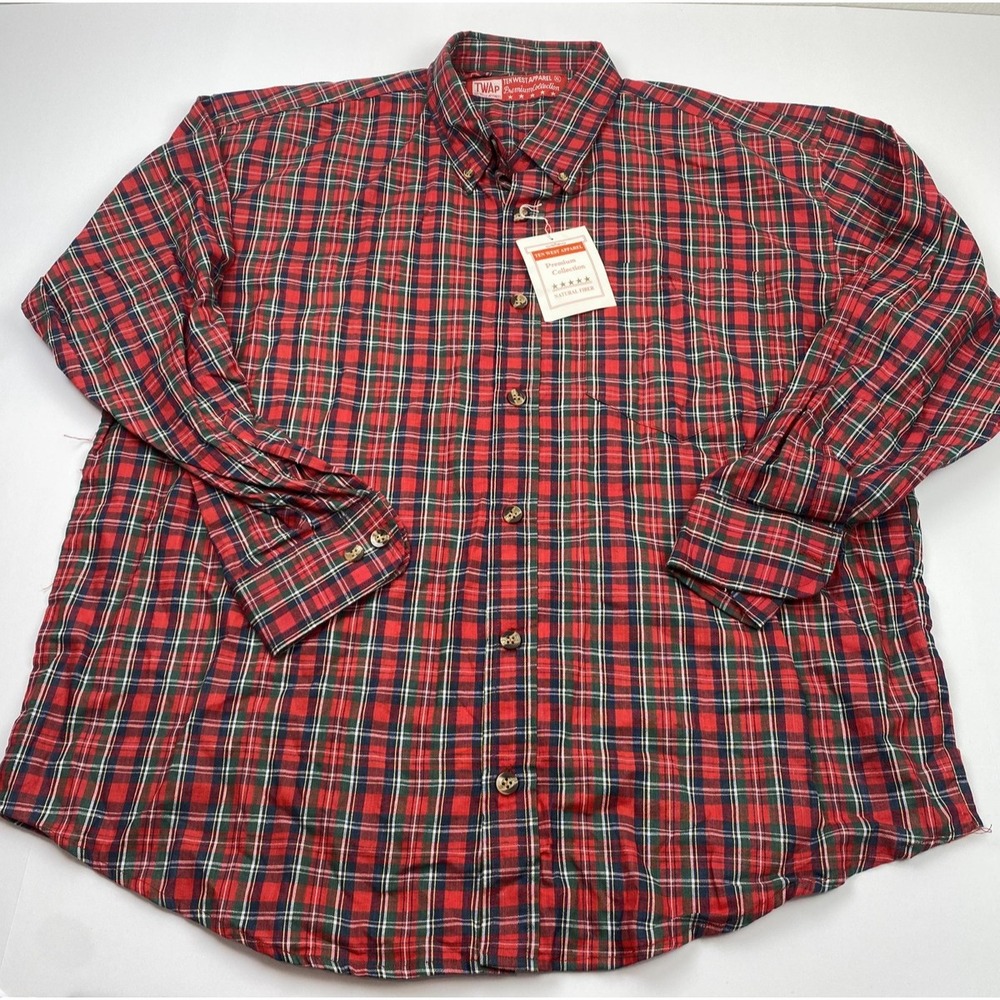Ten West Apparel Shirt Mens XL Red Plaid Long Sleeve Button Front Cotton Casual